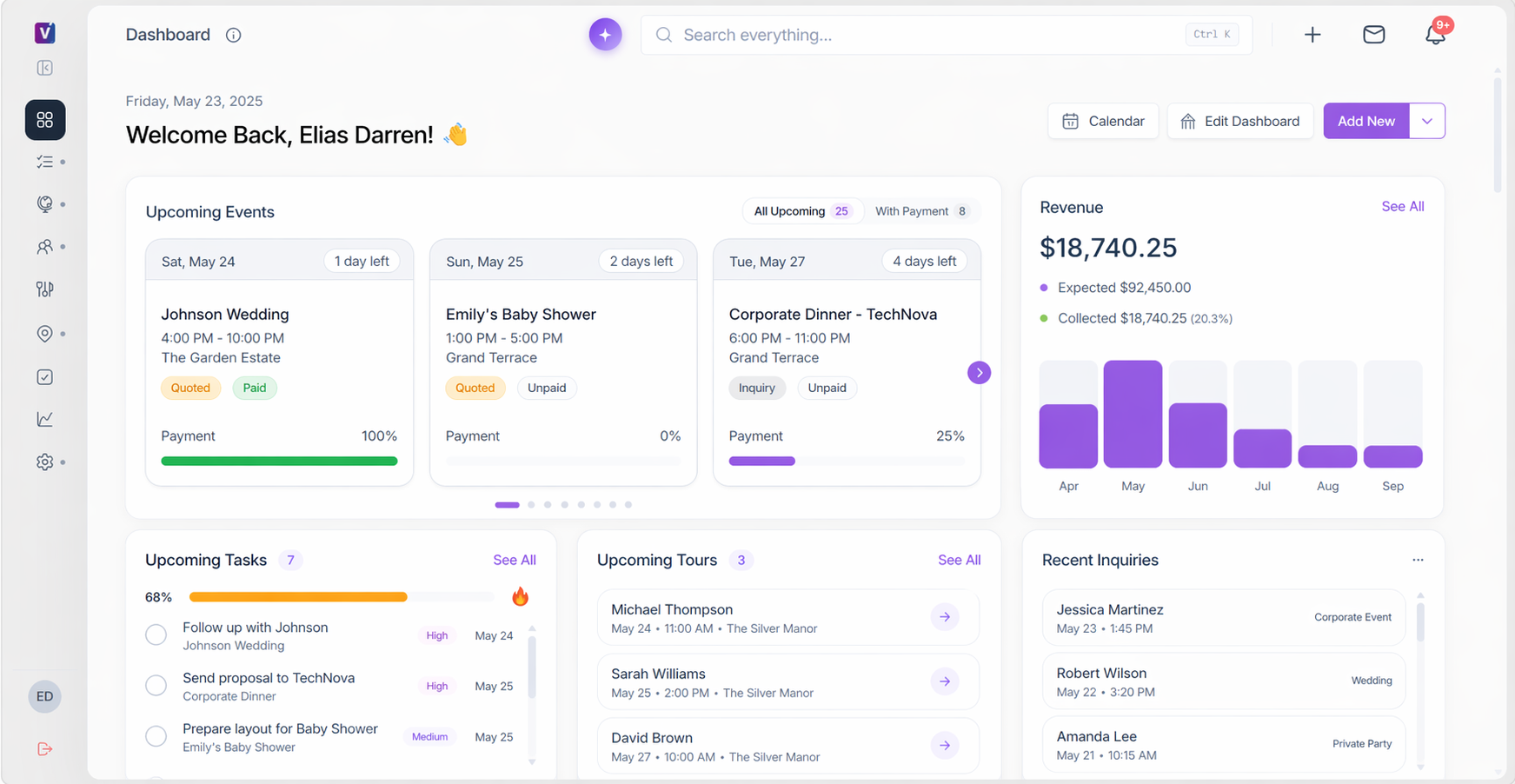 Venuine venue management dashboard showing upcoming events, revenue, tasks, and recent inquiries