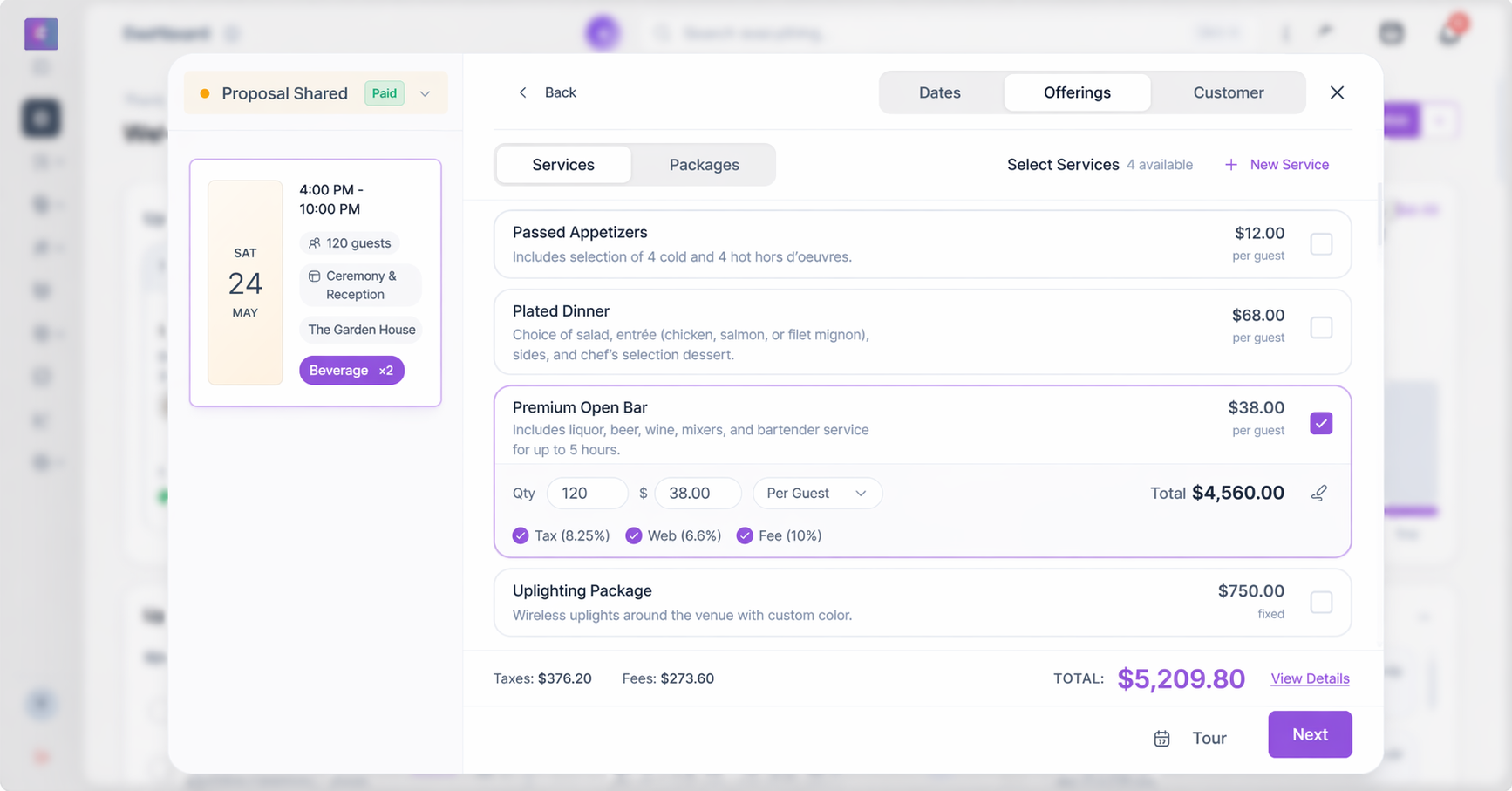 Venuine proposal builder showing event details, packages, services, quantities, and pricing