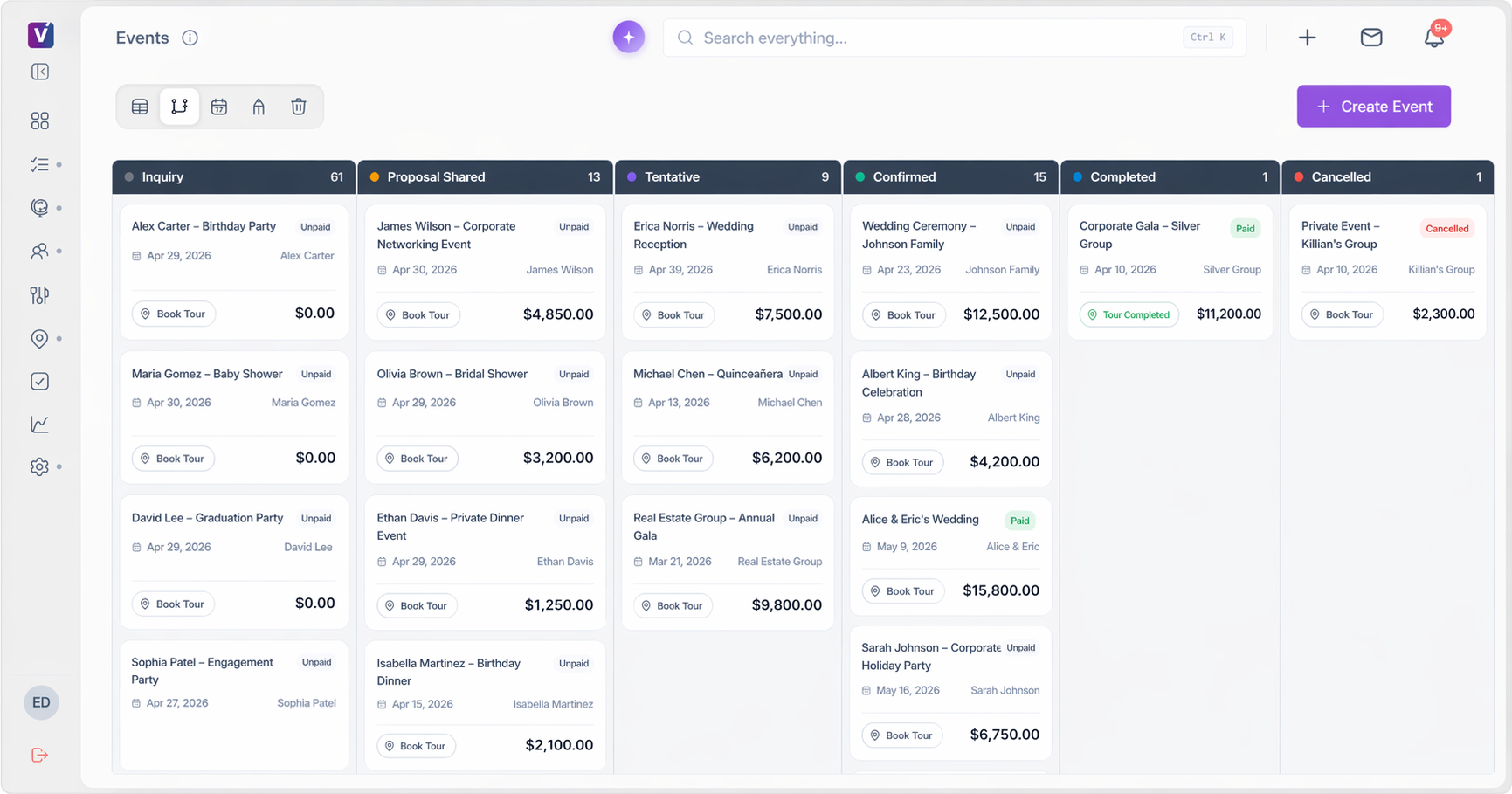 Venuine venue CRM pipeline showing inquiries, proposals, tentative bookings, confirmed events, and completed events