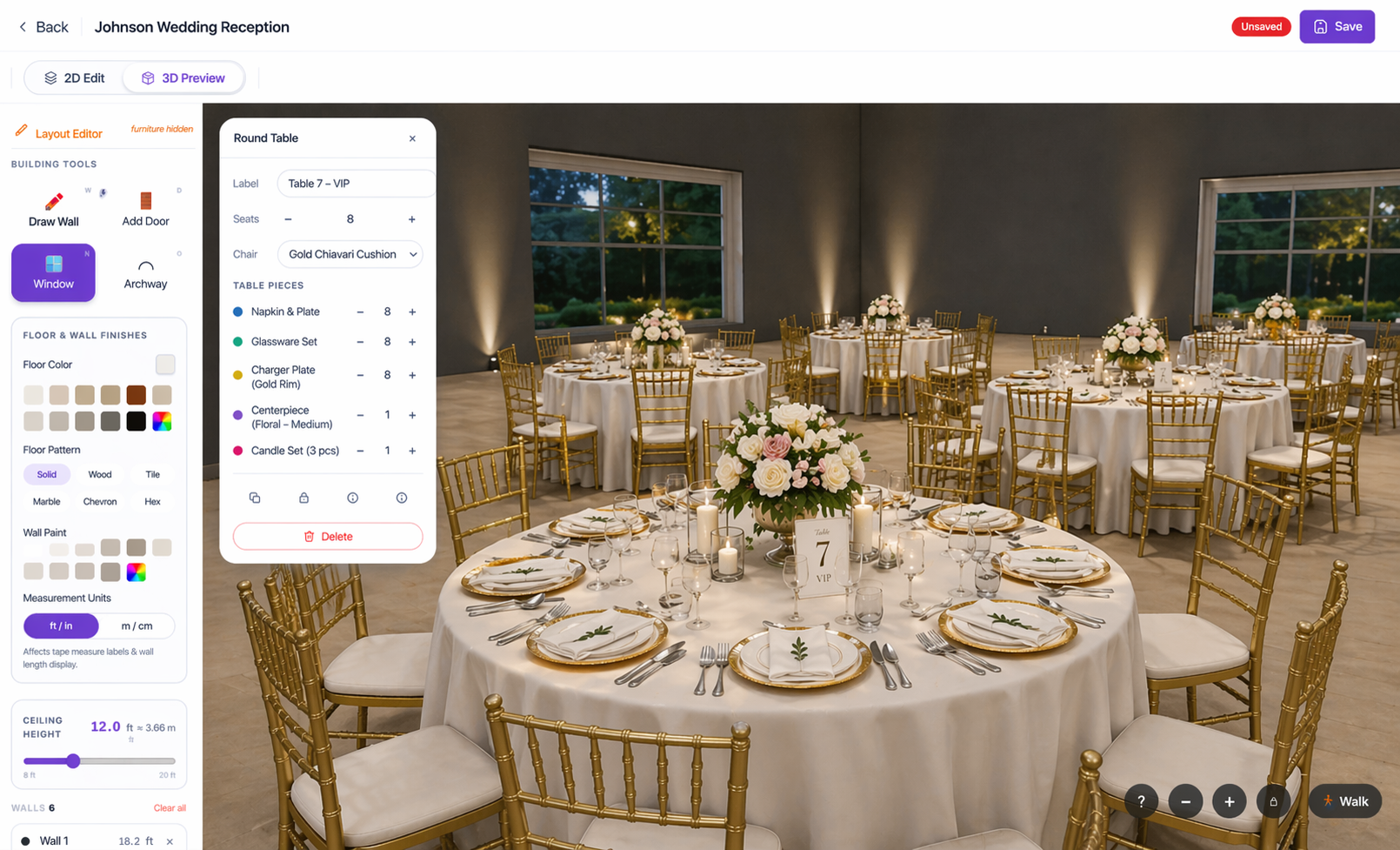 Venuine built-in floor-plan designer showing 2D editing, 3D preview, tables, walls, doors, windows, and event furniture