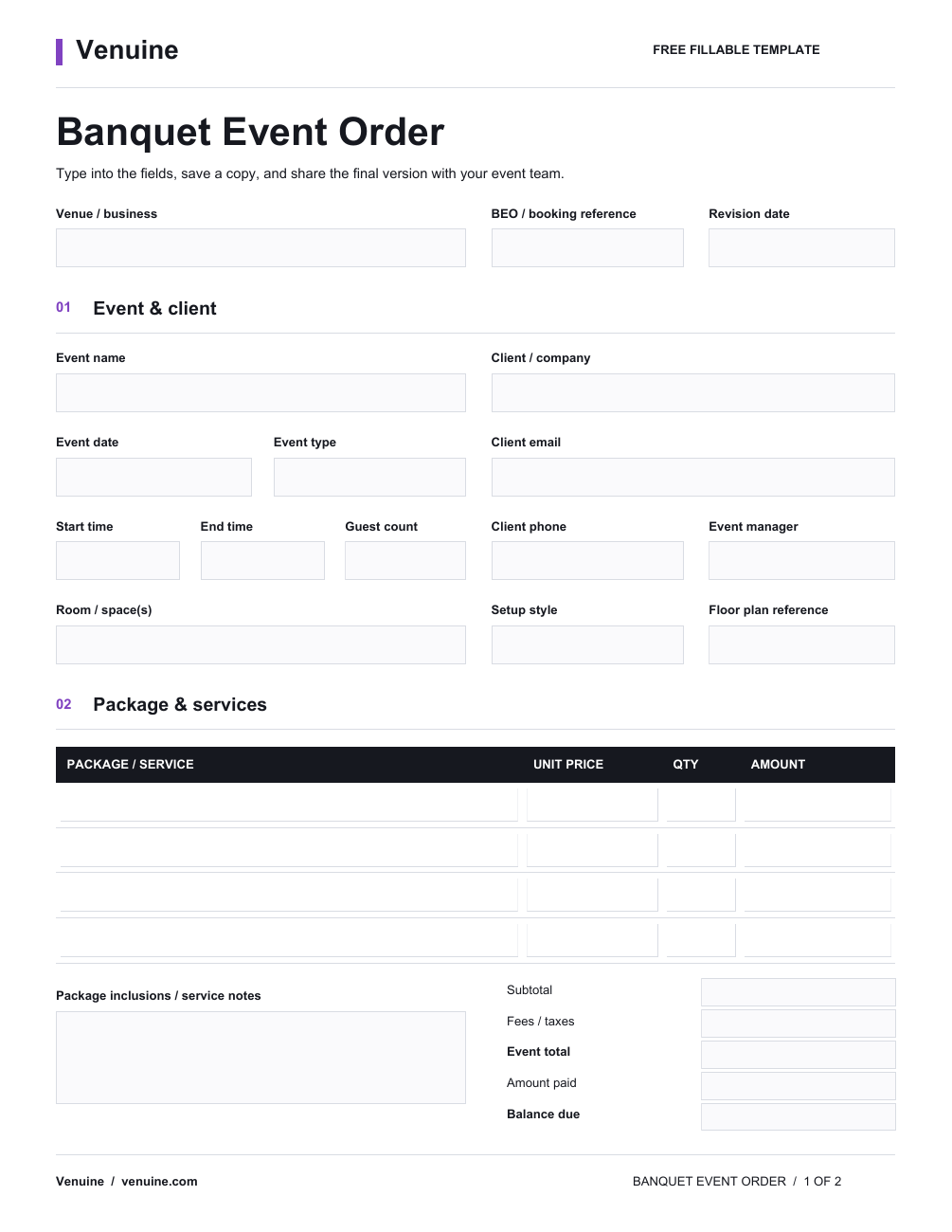 Preview of a blank banquet event order template with fields for event details, client contacts, services, and pricing