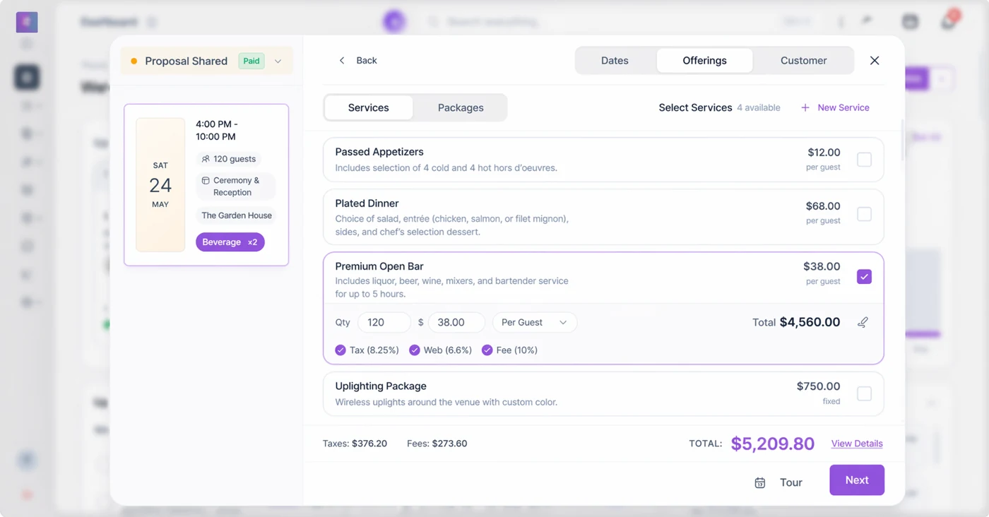 Venuine proposal builder with sample event services and a client-ready proposal total